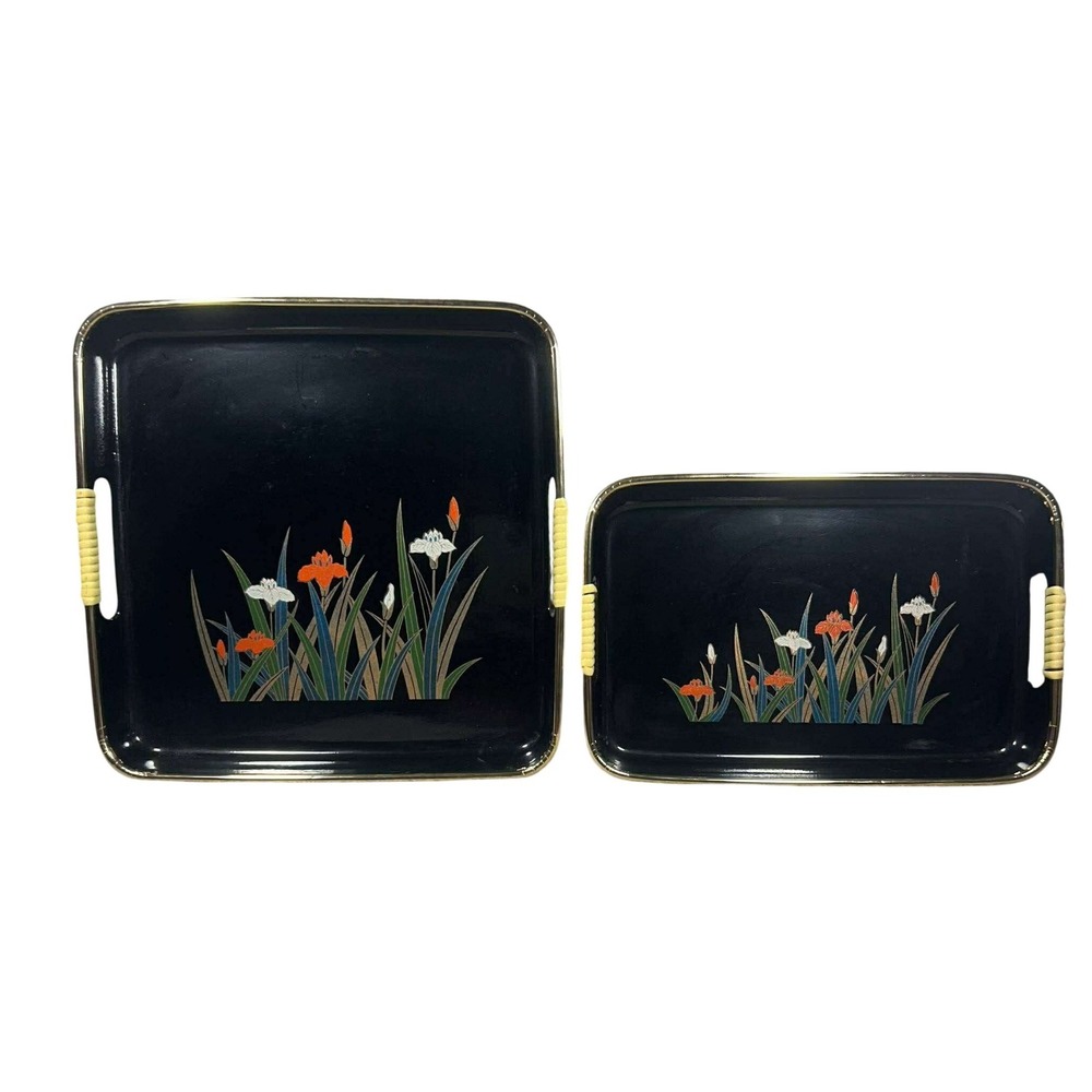 Vintage Japanese Lacquerware Trays Black Floral Iris Gold Rim Set of 2